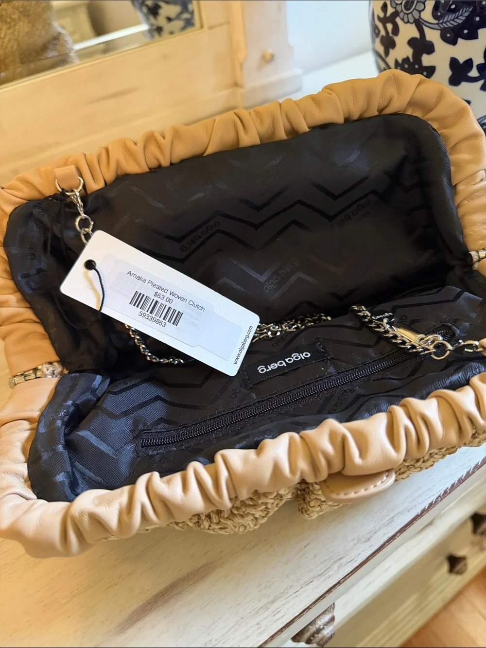 Olga Berg Tan Woven Clutch with Gathered Trim